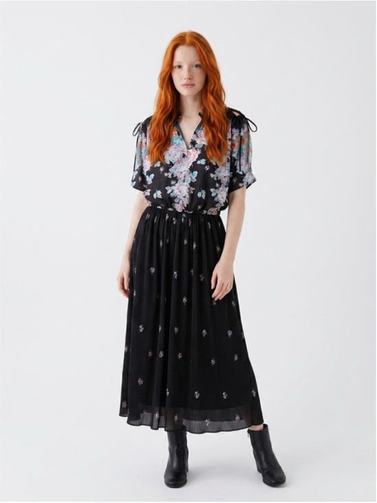 Vintage Dresses & Skirts - 70s Black Floral Pleated Tea Length Dress